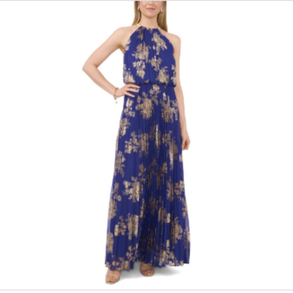 Blue Halter Maxi Dress with Gold Floral Print